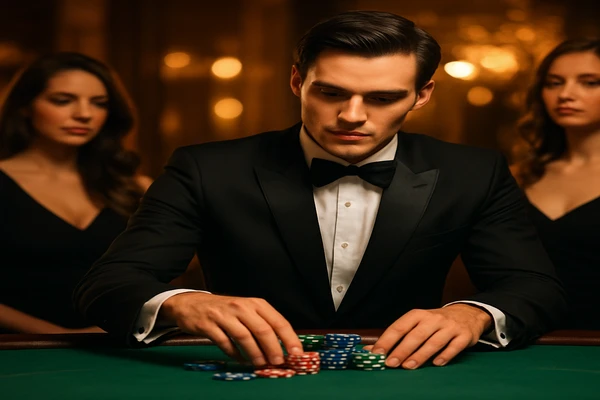 একজন নারী একটি ল্যাপটপে অনলাইন গেম উপভোগ করছেন, চারপাশে জ্বলন্ত ক্যাসিনো পরিবেশ ছড়িয়ে পড়েছে